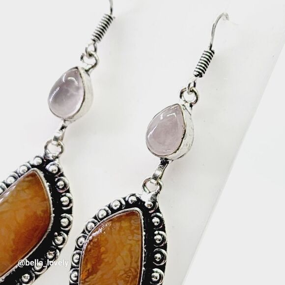 Jasper Rose Quartz Handmade Drop Dangle Earrings Jewelry 2.6" - Picture 11 of 11
